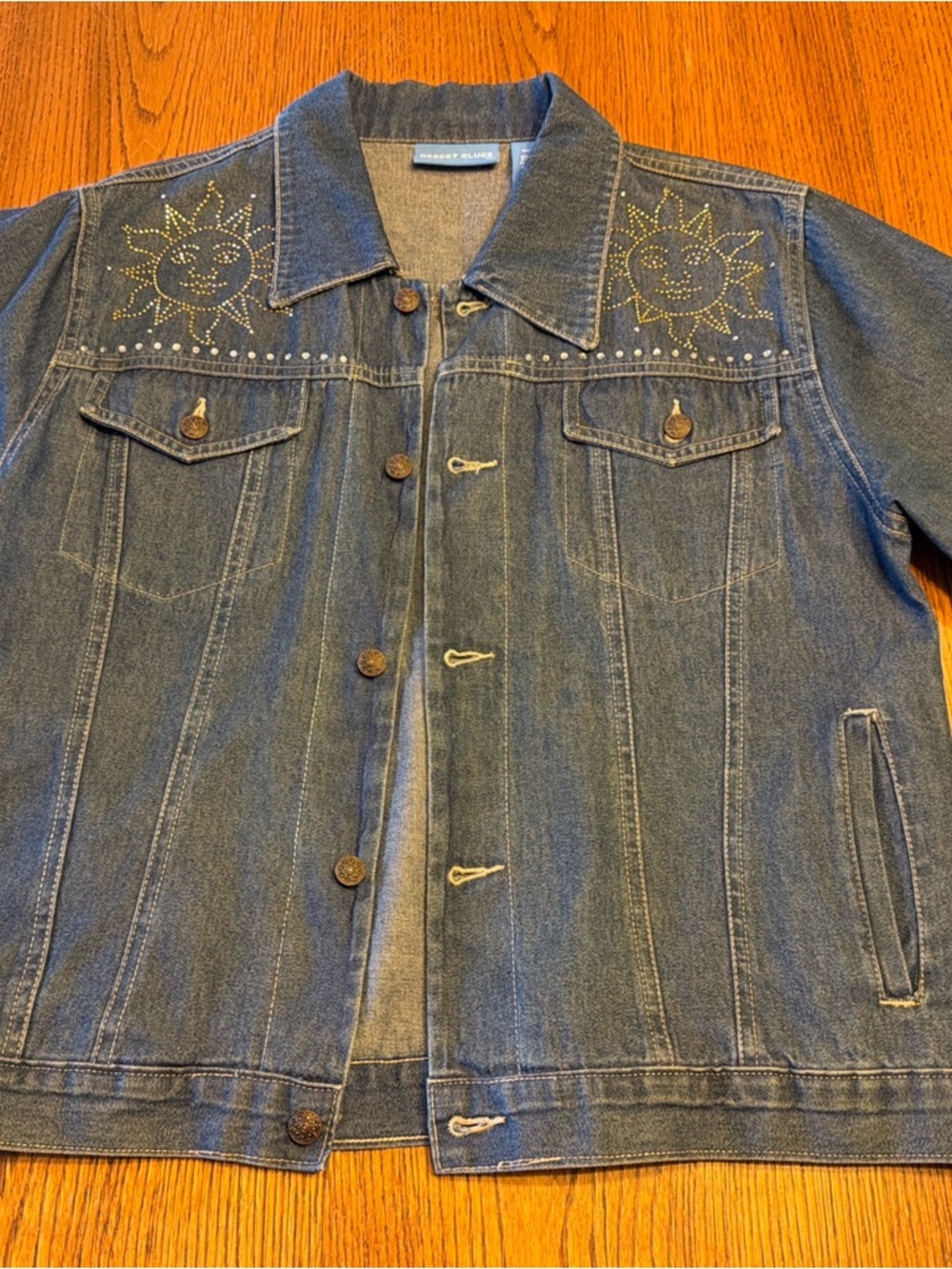 DESERT BLUES Blue Denim Jacket with Embellished Sun Design